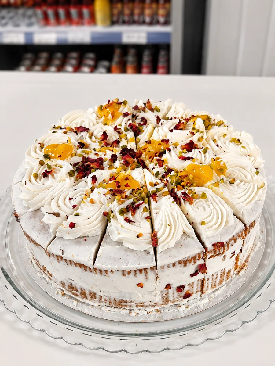 A whole cream-topped cake ready to slice