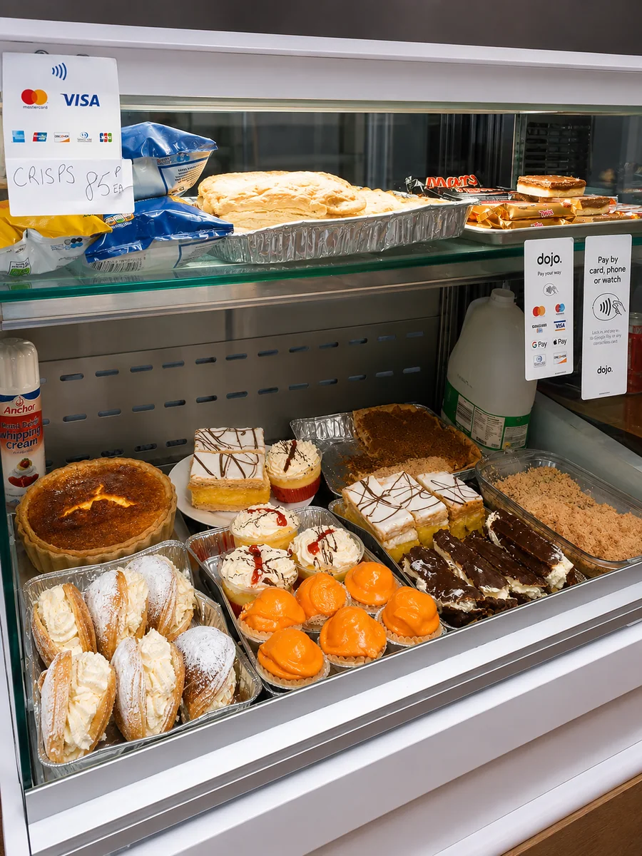 Cakes and cream-filled bakes in the display counter