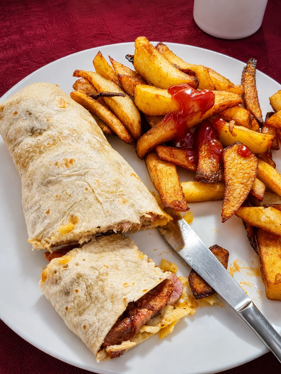 A bacon and egg wrap served with chips